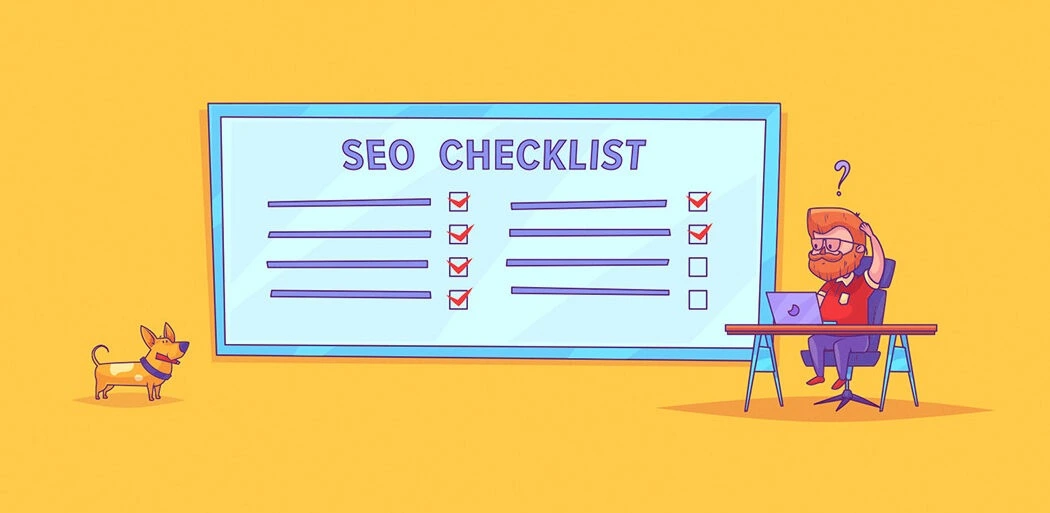 A person sits at a desk with a laptop, scratching their head in confusion. A large board labeled "SEO Checklist" with checked items is in the background.