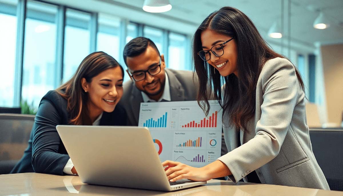 Image of diverse franchise executives reviewing results on a laptop