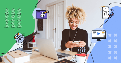 Woman using a smartphone with laptop on desk, surrounded by digital marketing icons