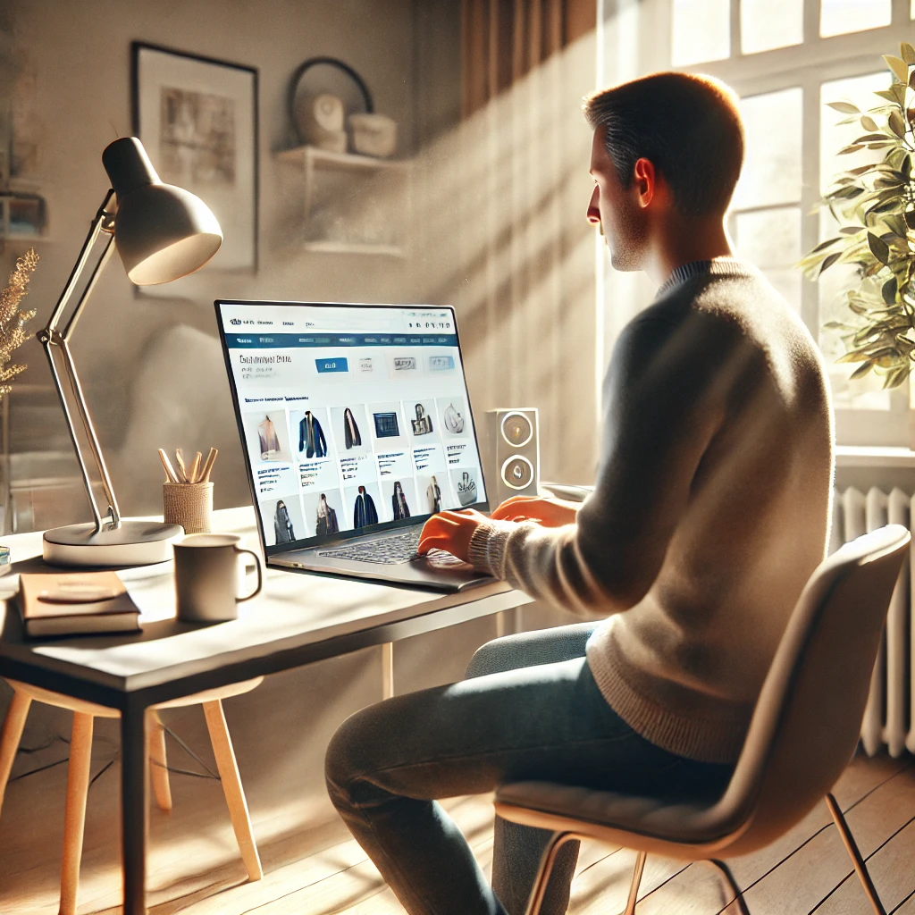A person sits at a desk using a laptop to browse an online clothing store. Sunlight streams through a window, illuminating the room. A desk lamp, speaker, mug, and stationery are also visible.