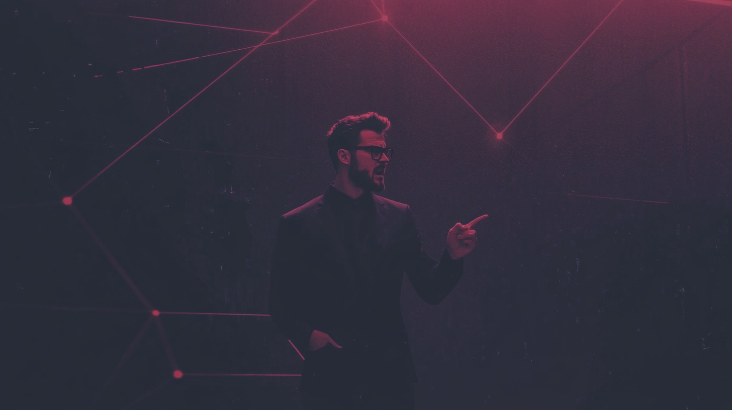 A person in a dark suit and sunglasses stands under red neon lights, pointing with one hand in a dimly lit environment.