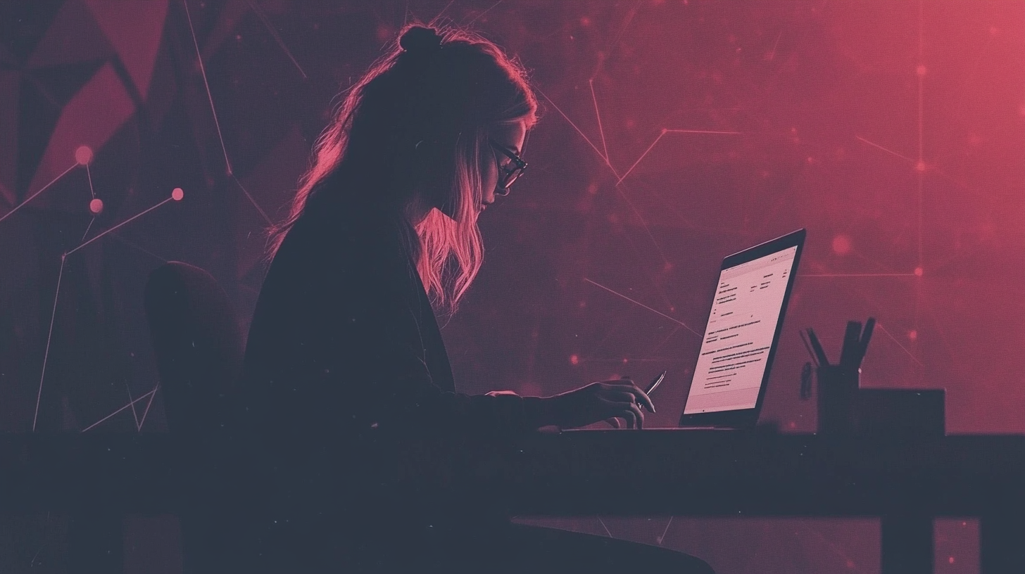 Silhouetted person typing on a laptop in a dimly lit room with a pink and purple digital network backdrop.