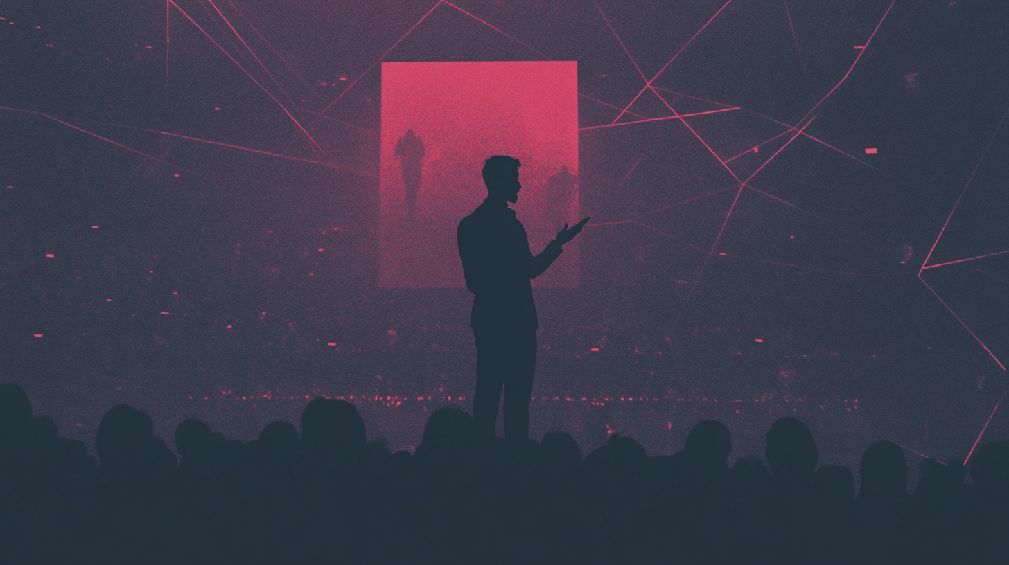 Silhouette of a person holding a device against a backdrop of vivid pink and purple geometric lines and abstract figures.