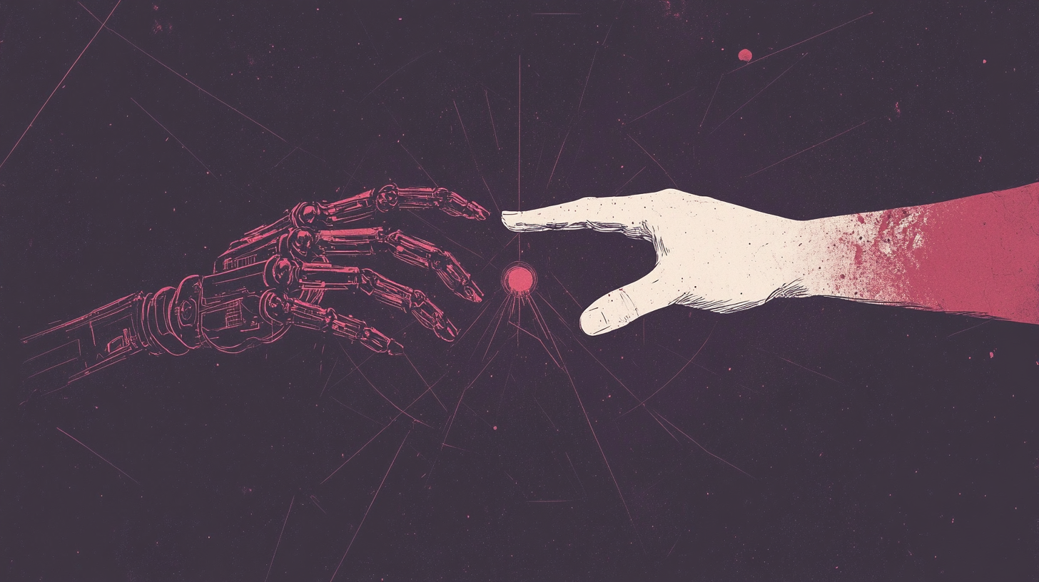 A digital illustration of a robotic hand and a human hand reaching towards each other, with a red glow in the center against a dark background.