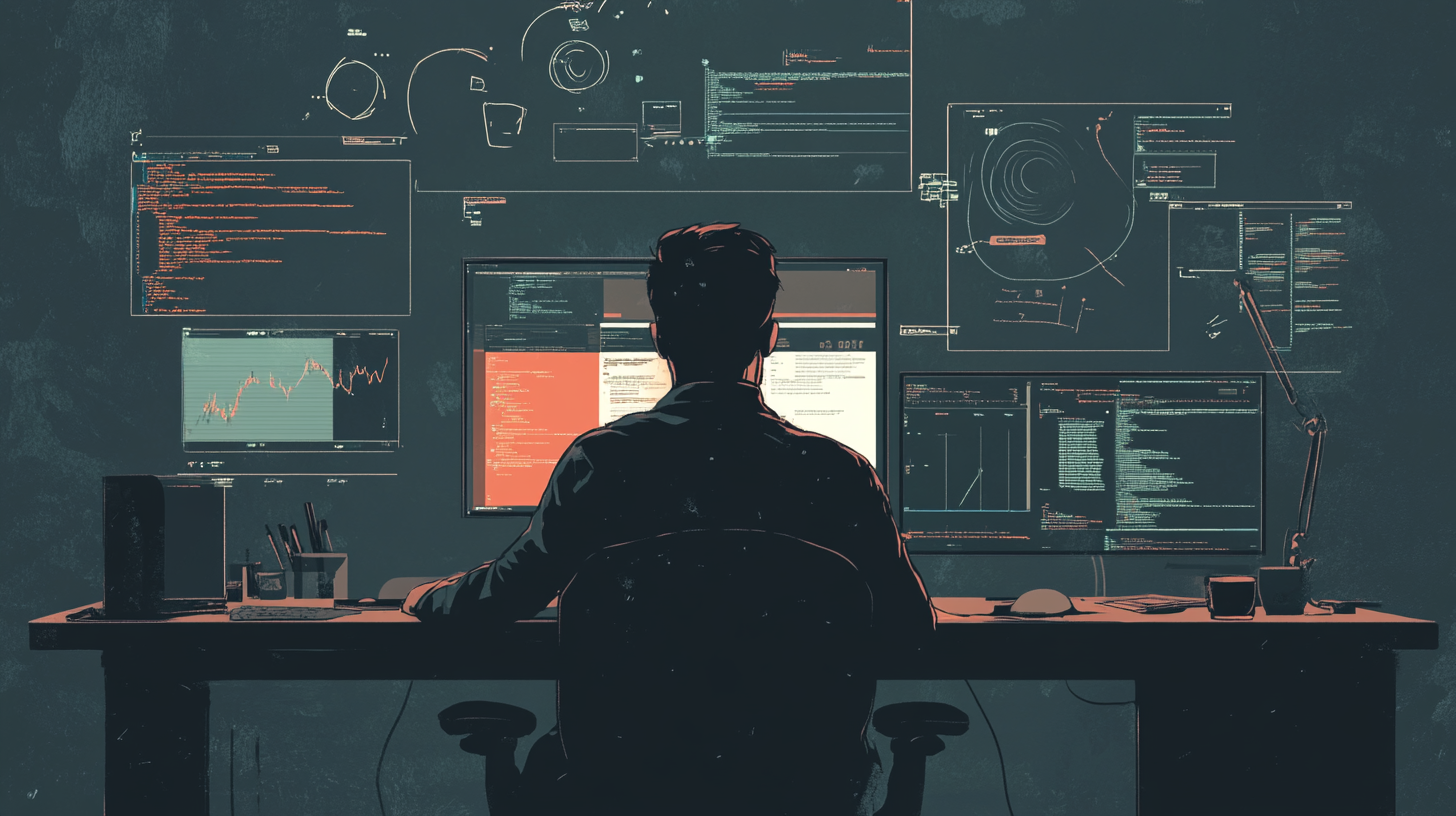 A person sits at a desk surrounded by multiple computer screens displaying code and data visualizations in a dimly lit room.