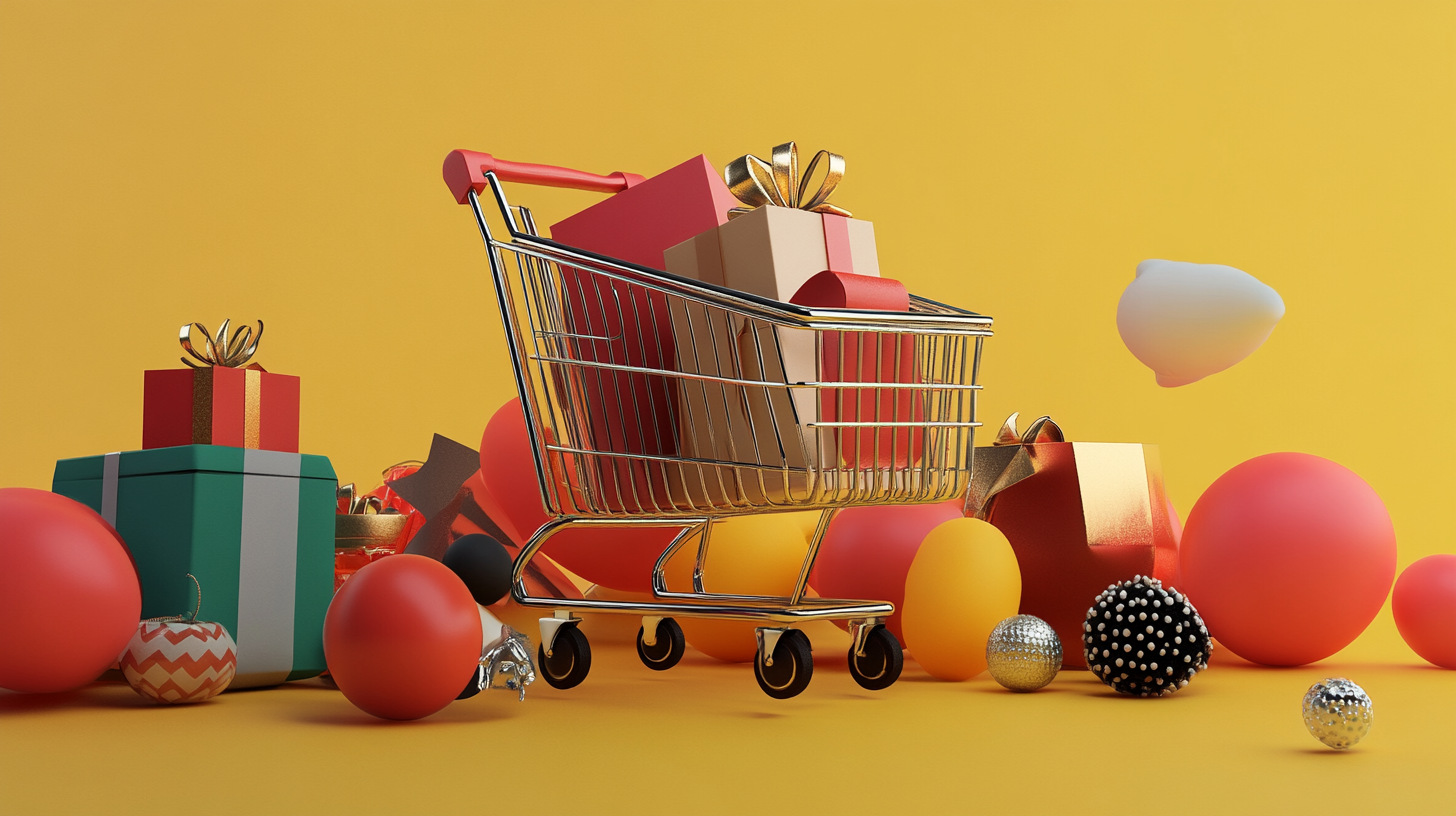 A shopping cart filled with wrapped gifts is surrounded by decorative balls on a yellow background.