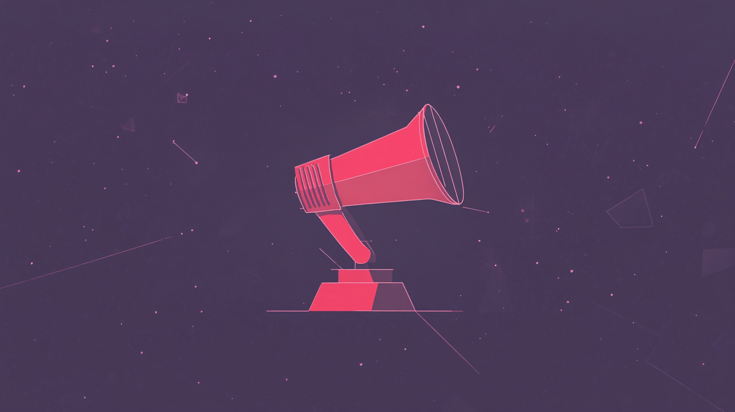Illustration of a pink megaphone on a stand against a dark purple background, surrounded by abstract geometric shapes.