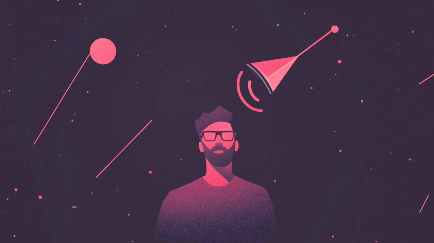 Illustration of a person with glasses looking up at a stylized satellite or antenna in a dark space-like background with geometric shapes.