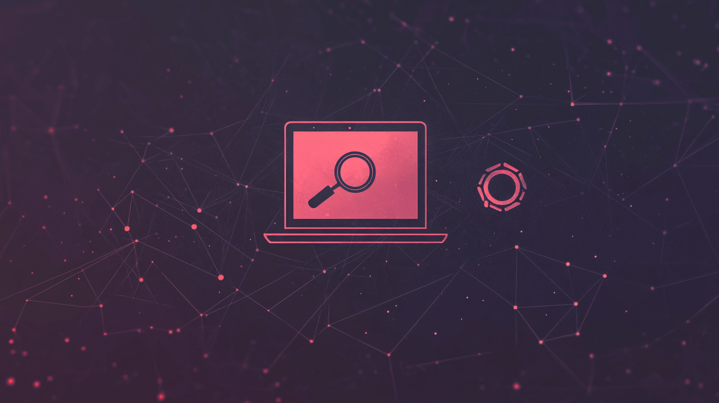 Illustration of a laptop with a magnifying glass on the screen, set against a network-themed background with connected dots and lines.