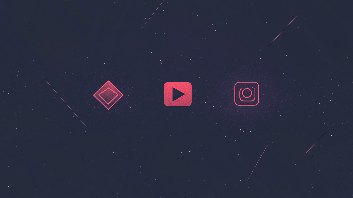 Three red icons on a dark background: a diamond, a play button, and a camera.