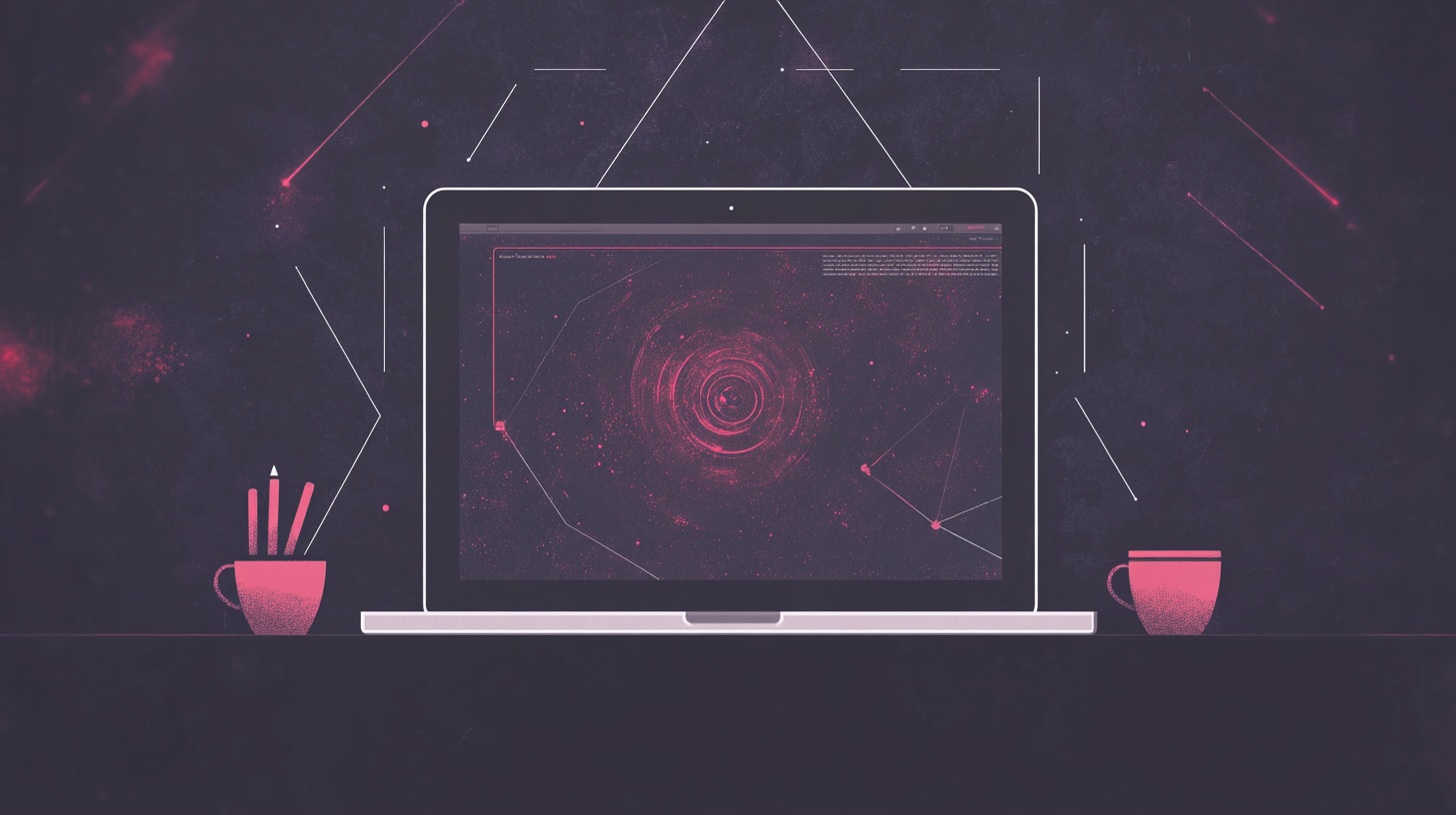 A laptop displaying a pink and purple space-themed screen. Two red cups and a pencil holder are on either side, with geometric lines in the background.