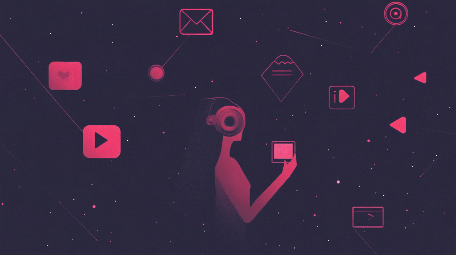 Silhouette of a person with headphones using a tablet, surrounded by various digital icons on a dark background.