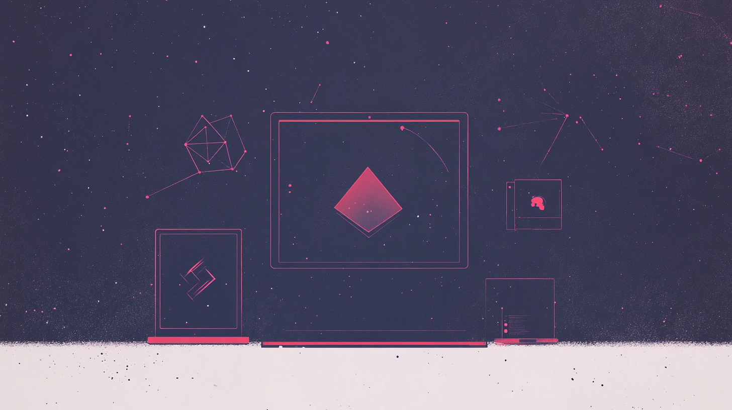 A surreal digital artwork featuring a central computer screen displaying a red diamond, surrounded by abstract geometric shapes and a starry sky.