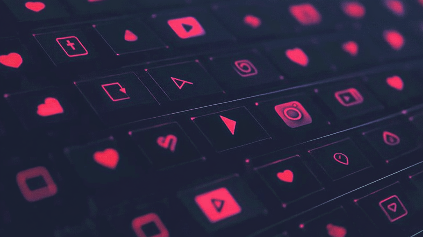 A dark keyboard with neon pink keys displays various icons, including play, heart, and location symbols, in multiple rows.