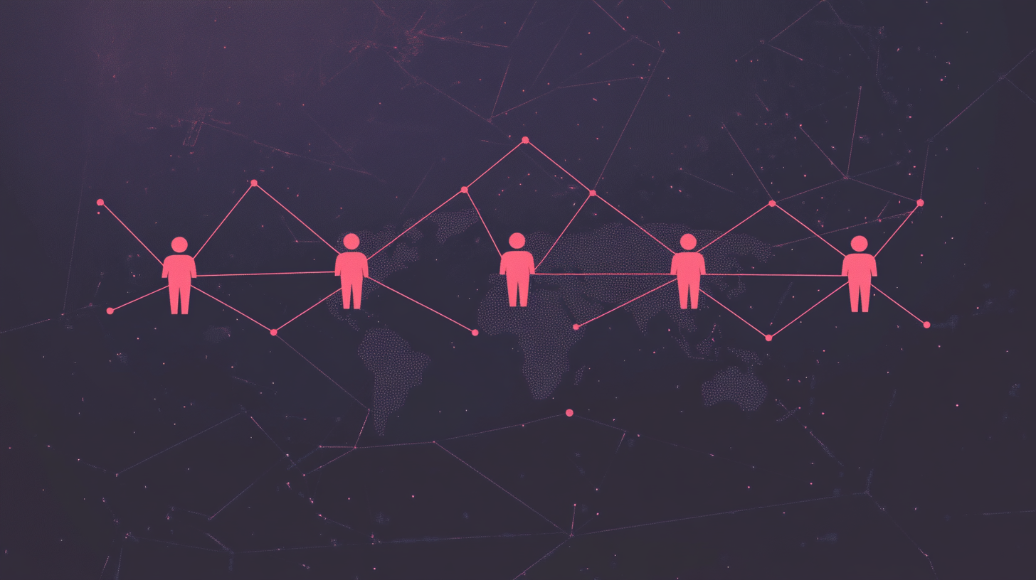 Abstract digital artwork of stick figures connected by lines over a dark, geometrical background with a faint world map.