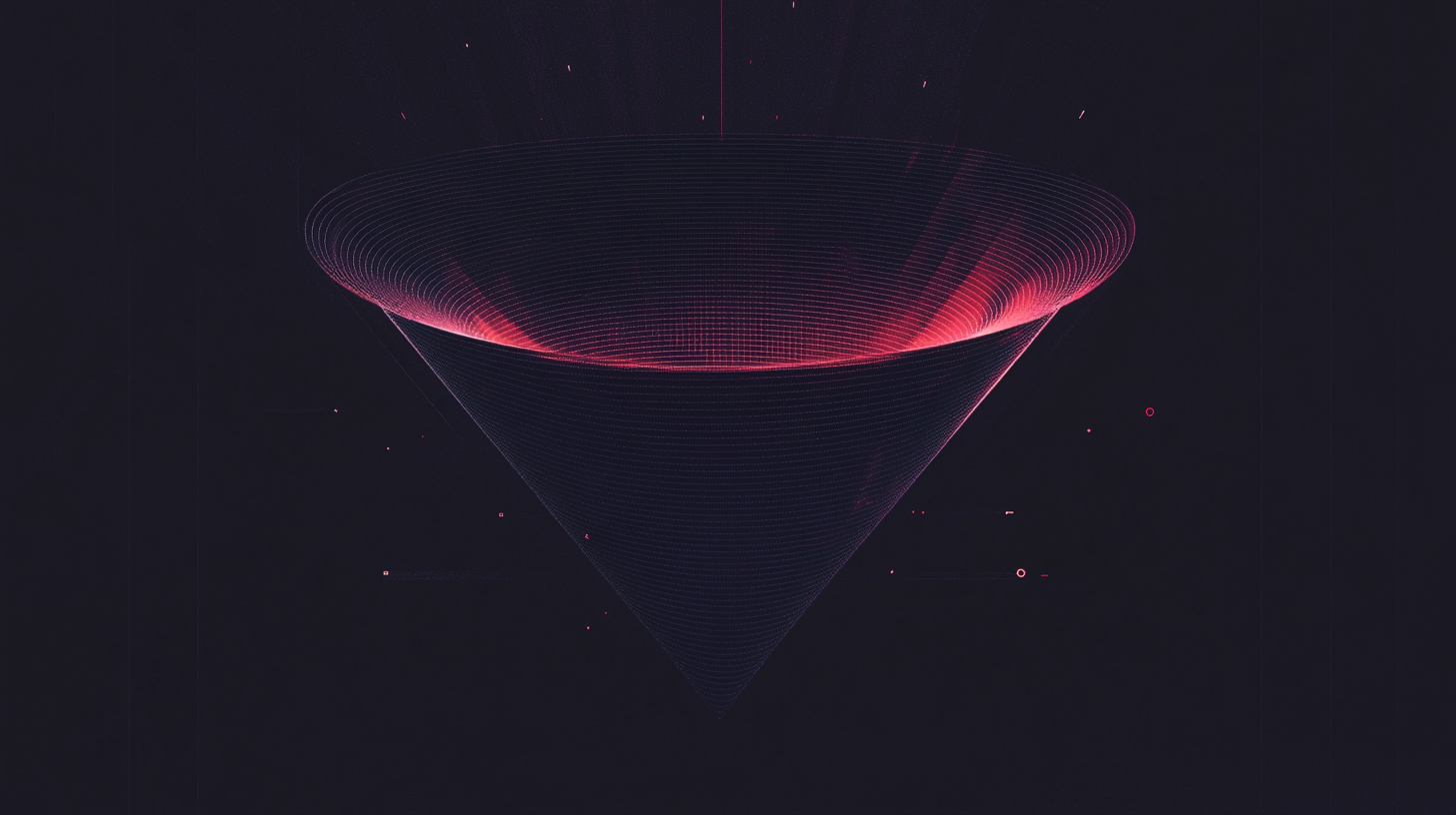 A digital illustration of a glowing, wireframe inverted cone with red light accents against a dark background.