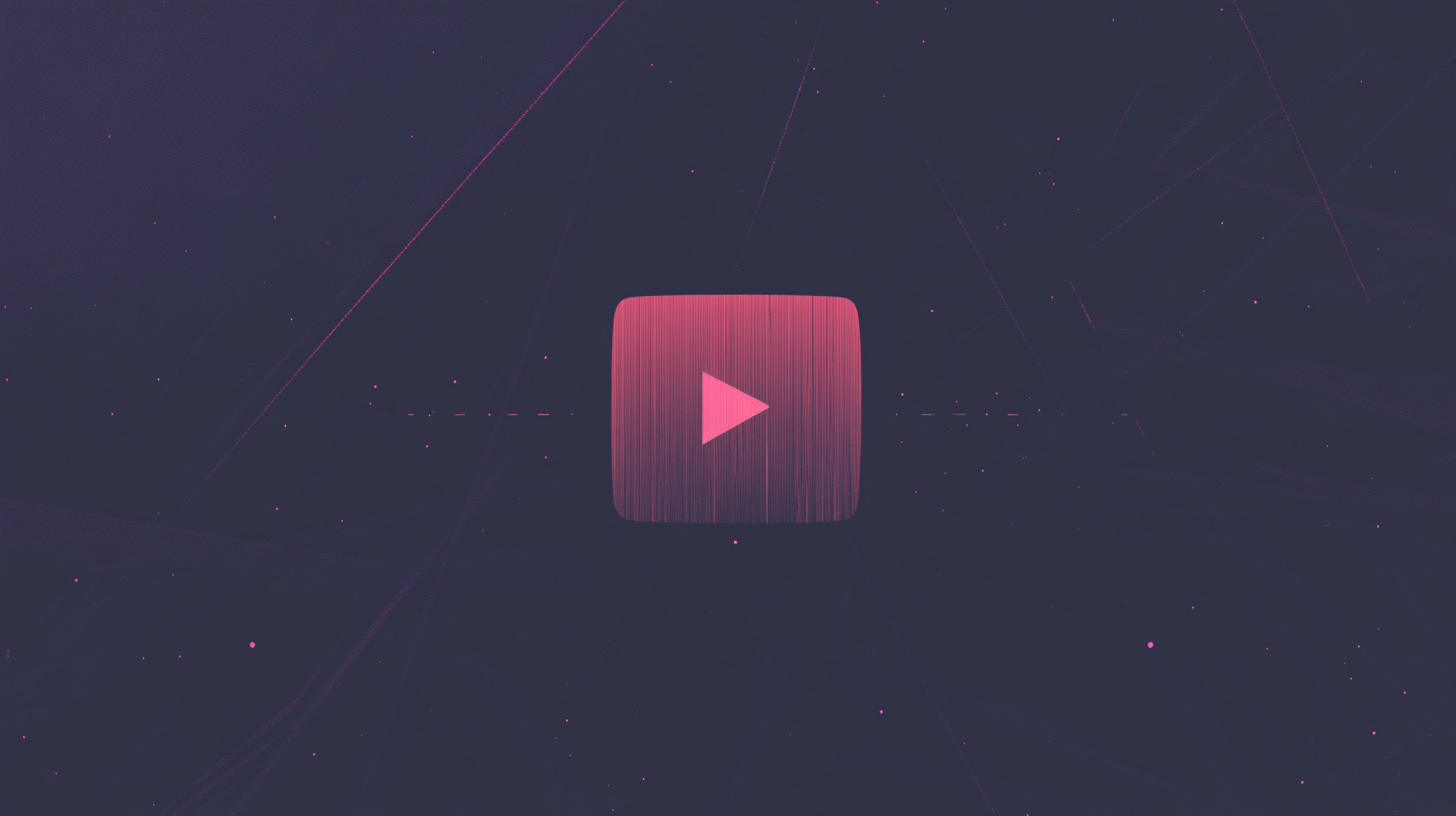 A pink play button icon centered on a dark, abstract background with subtle lines and small dots.
