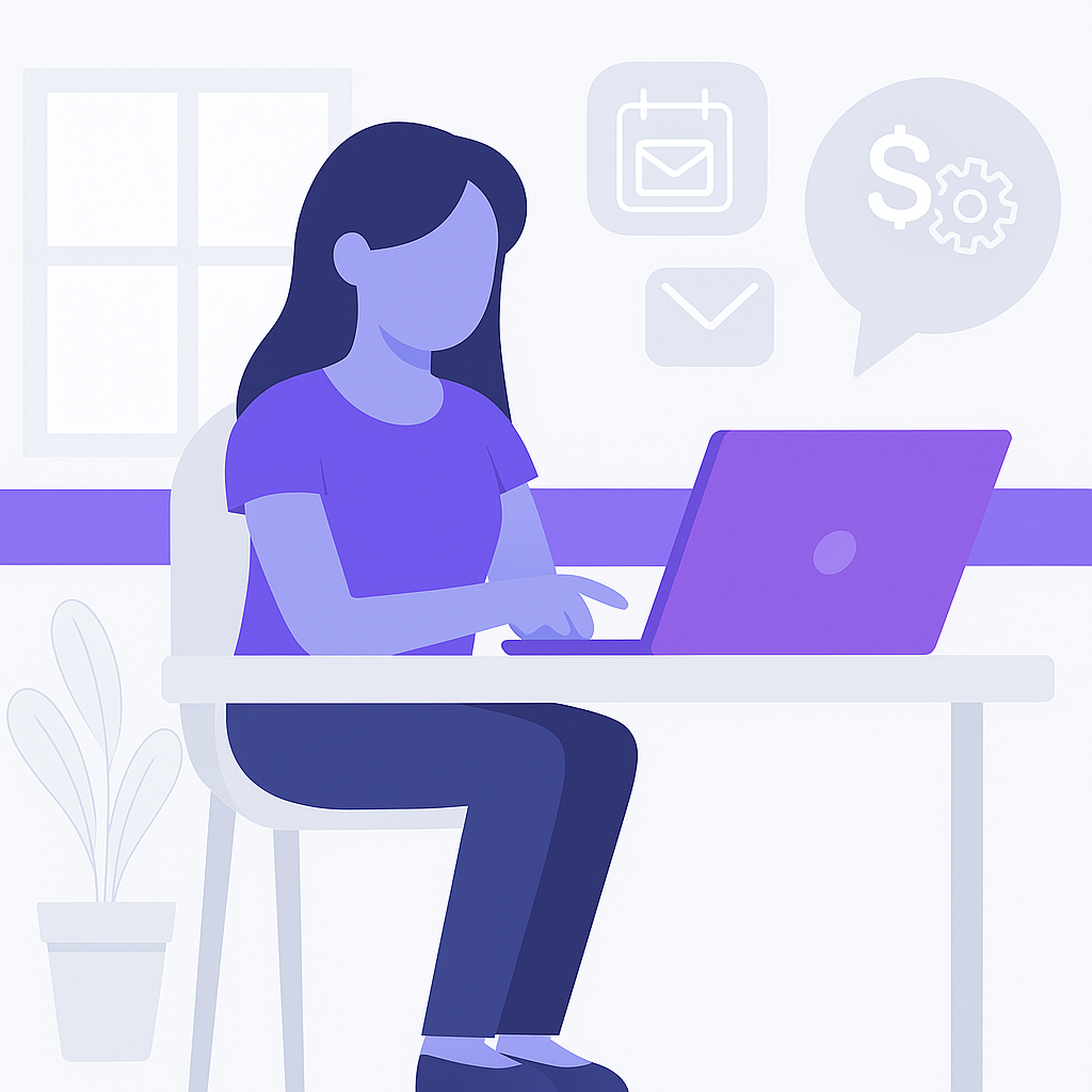 Social Media Management Illustration of a person sitting at a desk using a laptop, with icons of a calendar, check mark, and financial settings in the background.