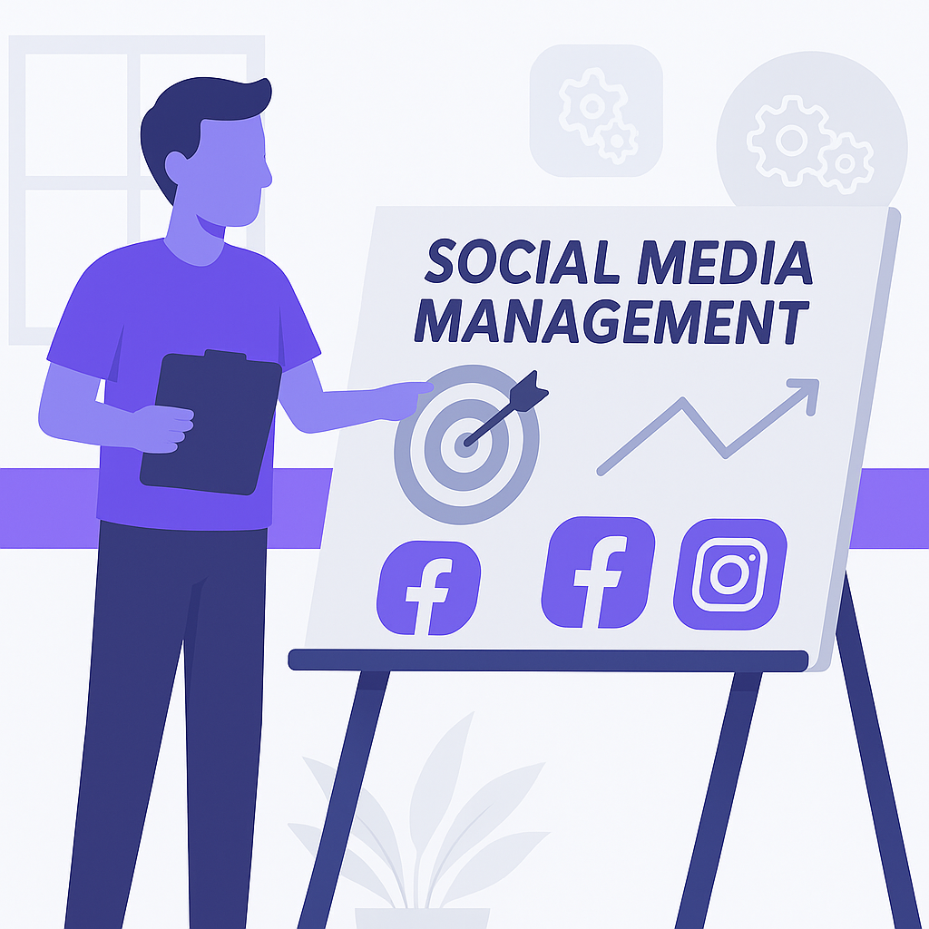 Social Media Management Person holding a clipboard stands next to a board labeled "Social Media Management" with icons for Facebook and Instagram, a target, and an upward arrow graph.