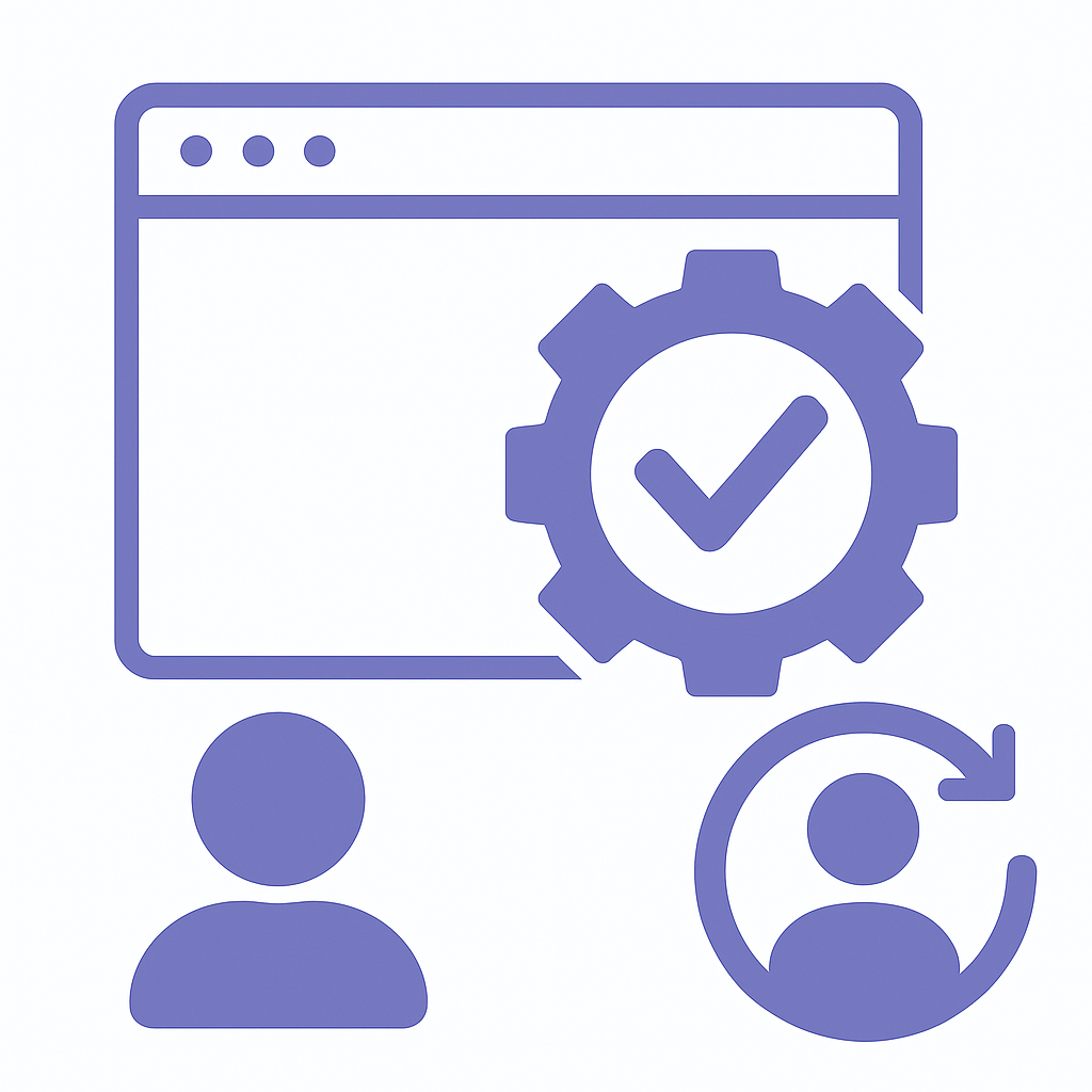 Online Reputation Management Service Graphic of a browser window with a gear and check mark, a user icon, and a circular arrow around another user icon, suggesting account verification or settings update.
