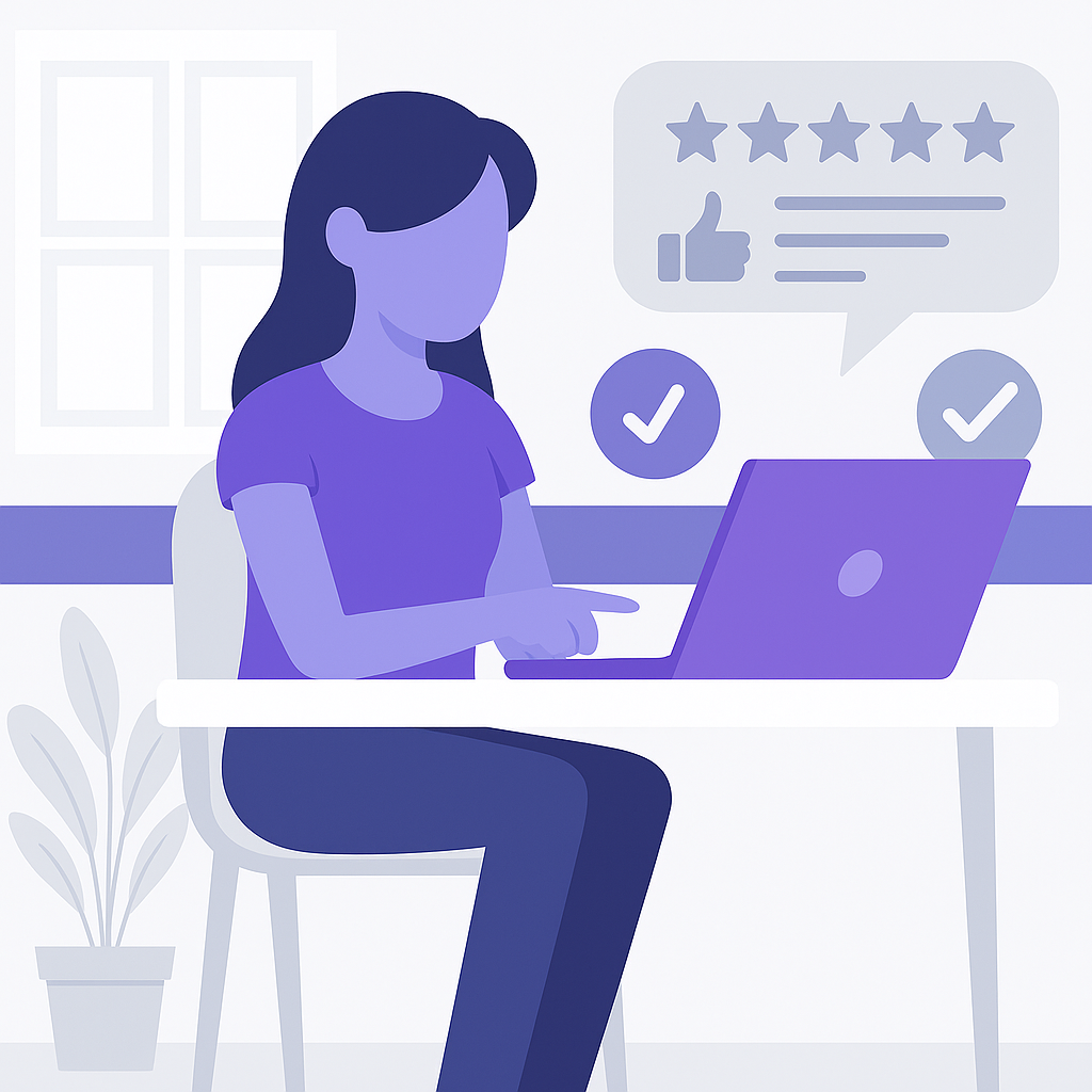 Online Reputation Management Service Illustration of a person sitting at a desk using a laptop, with icons of stars, check marks, and a thumbs-up symbol in the background.