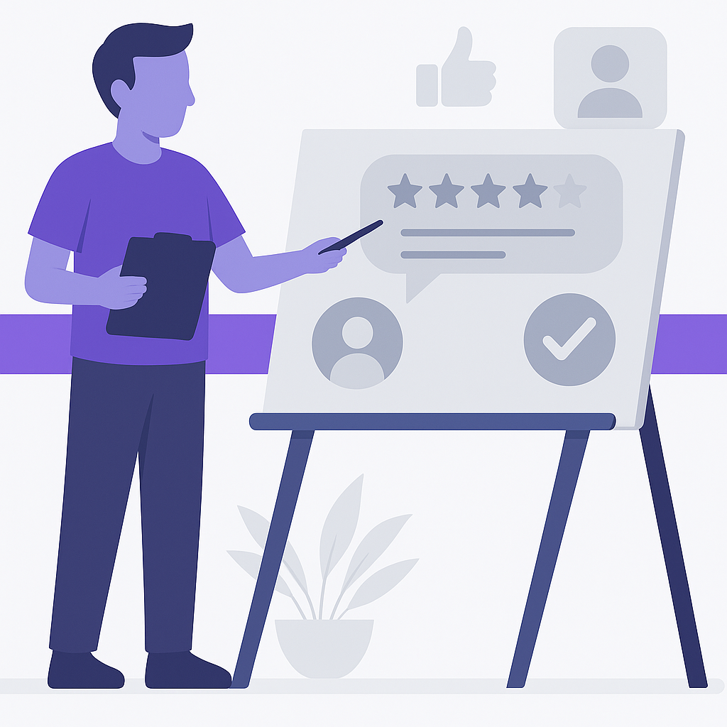 Online Reputation Management Service Illustration of a person with a clipboard pointing at a board displaying a five-star rating, user icons, a thumbs-up, and a check mark.
