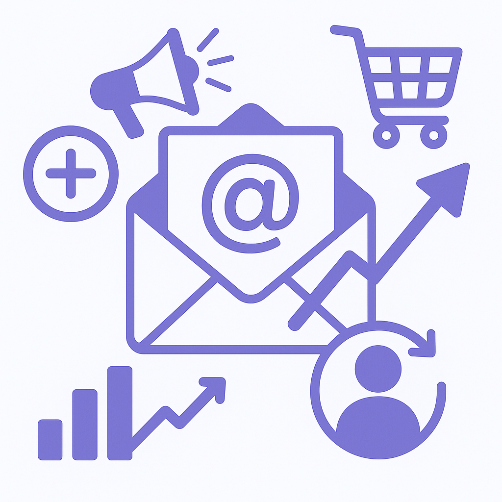 Email Marketing Purple icons representing email, shopping cart, megaphone, person, and upward graphs, symbolizing digital marketing, e-commerce, and business growth.