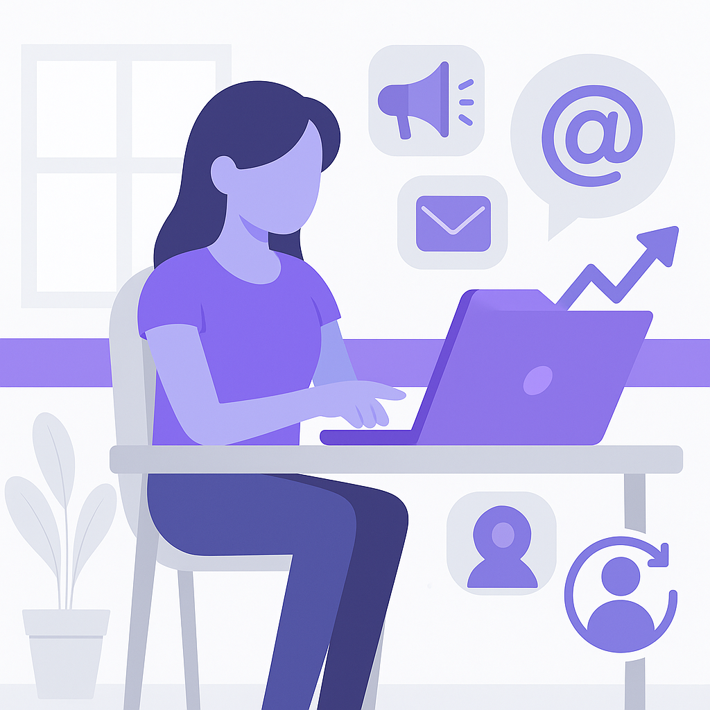 Email Marketing Illustration of a person using a laptop at a desk with digital icons for email, notifications, and networking around them.