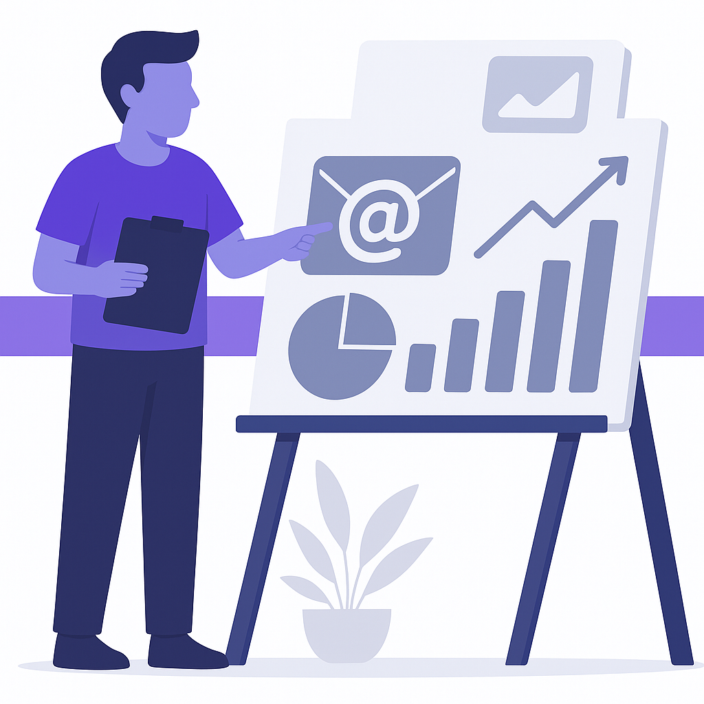 Email Marketing Service A person holding a clipboard points at a presentation board displaying email, pie chart, bar graph, and rising line graph icons.