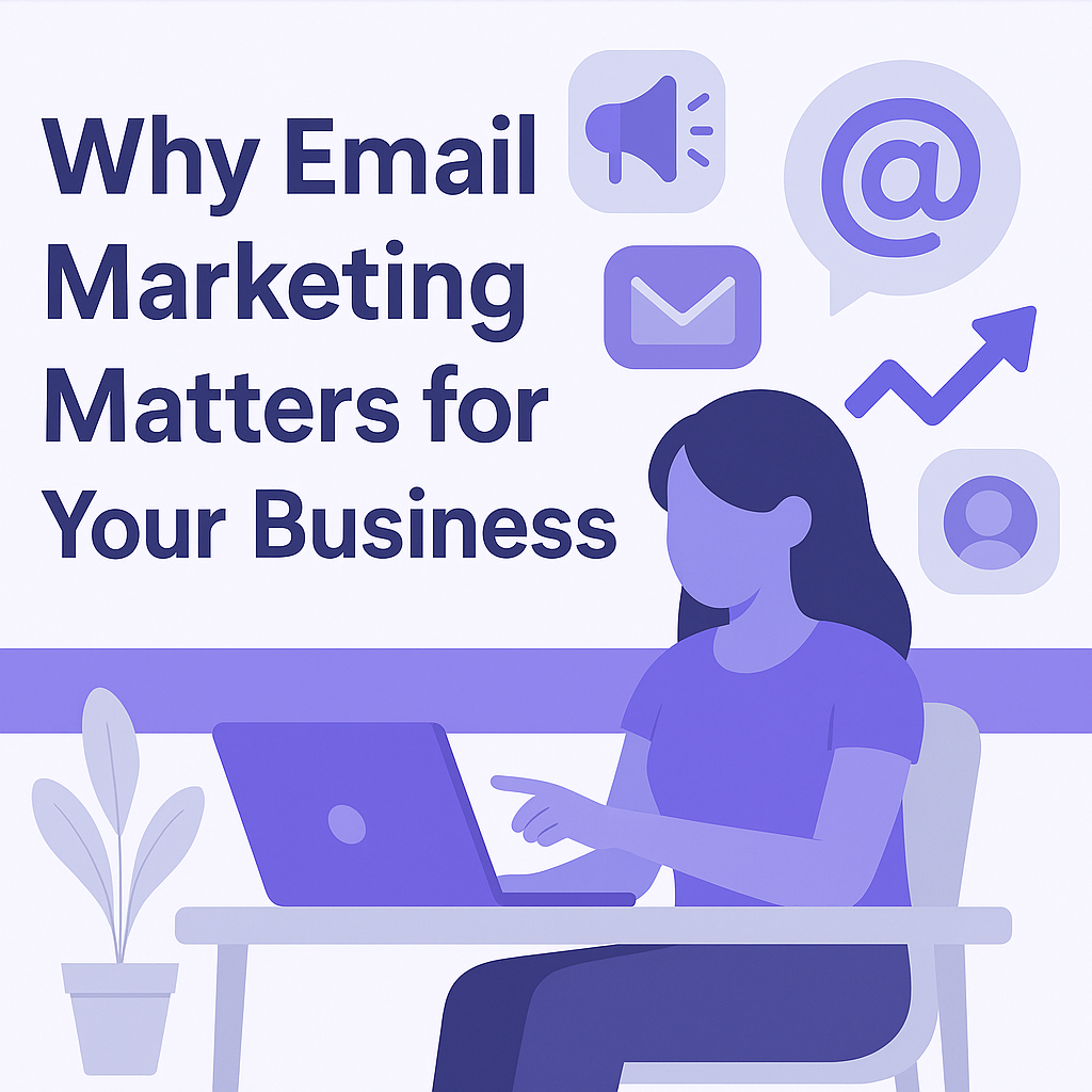 Email Marketing Matters Illustration of a person using a laptop with icons and text stating "Why Email Marketing Matters for Your Business.