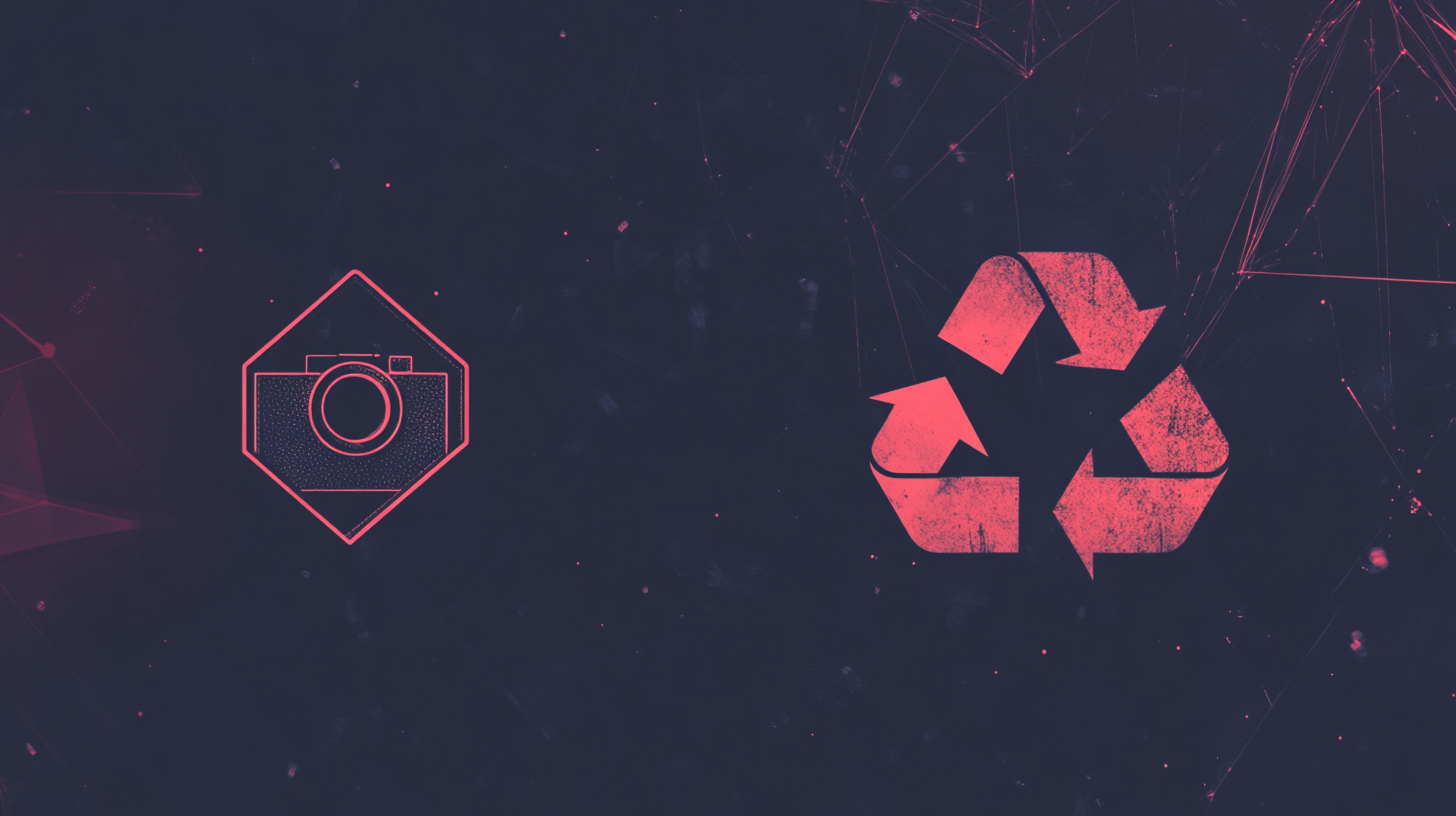 A digital graphic showing a camera icon on the left and a recycling symbol on the right, both in pink on a dark background.