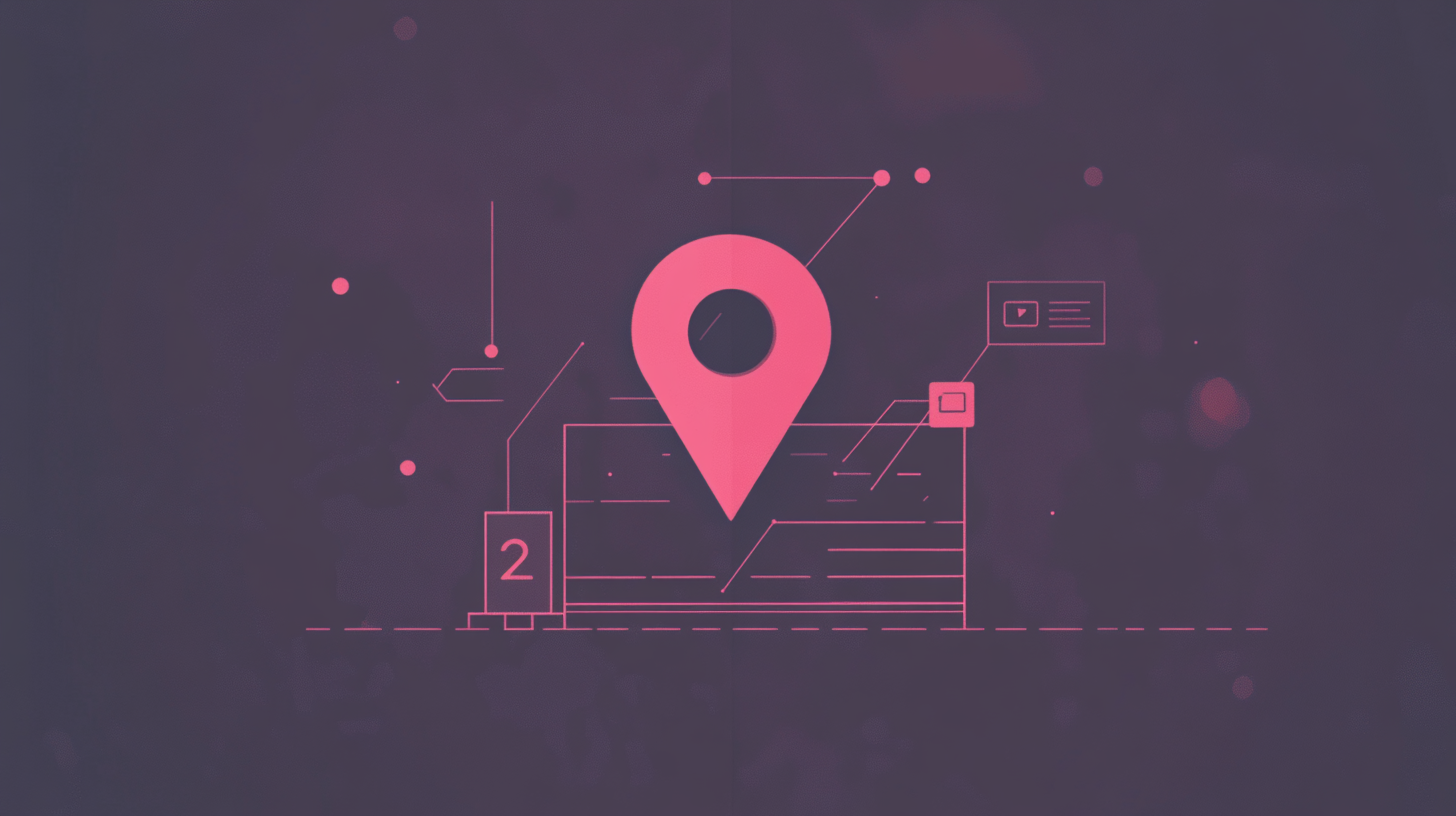A pink location pin icon surrounded by digital interface elements and data symbols on a dark purple background.