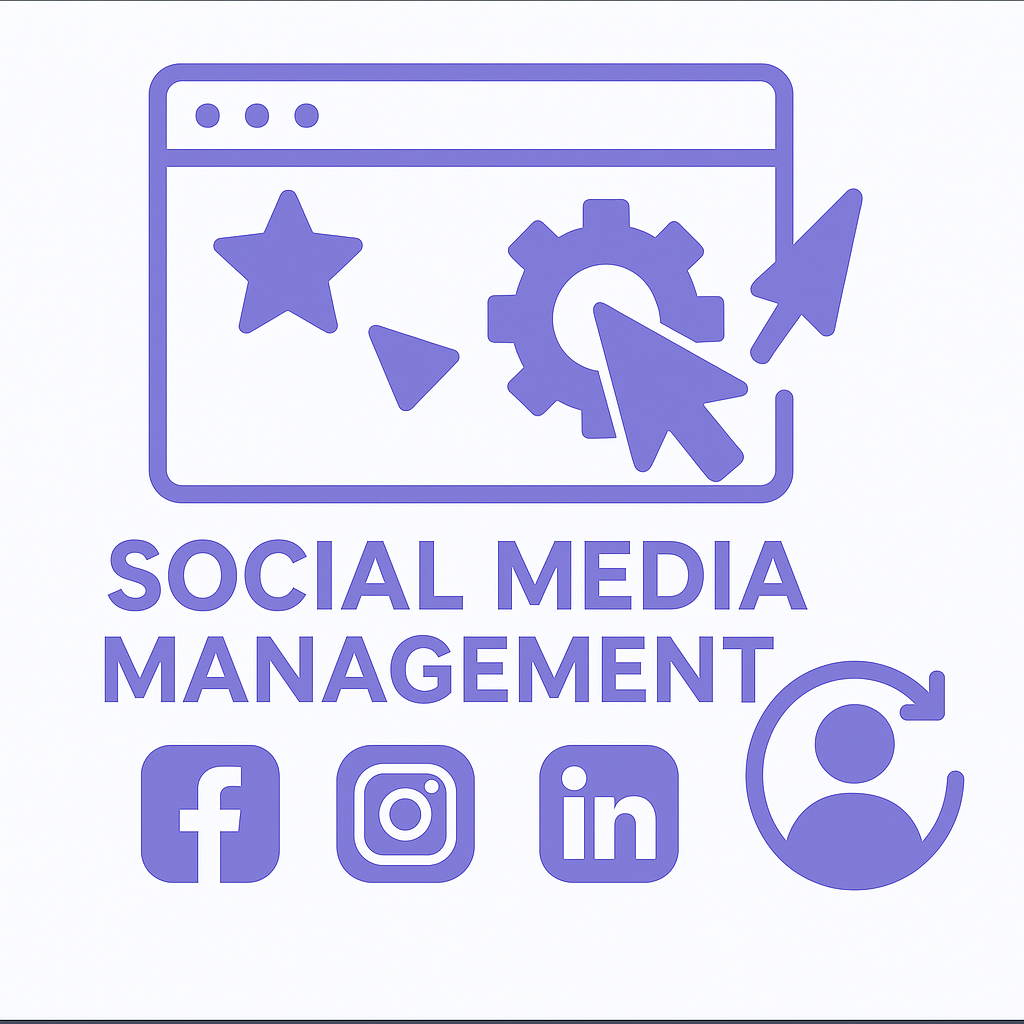 social media management Purple graphic showing a browser window with icons for settings and navigation, text "Social Media Management," and logos for Facebook, Instagram, LinkedIn, and a user with a refresh arrow.