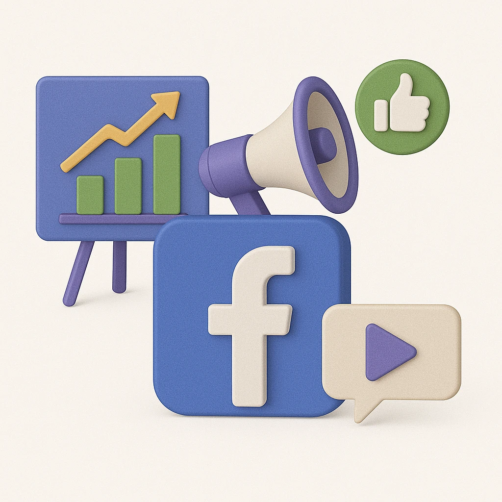 3D icons of a bar chart with an upward arrow, a megaphone, Facebook logo, play button, and thumbs up symbol, representing social media and digital marketing.