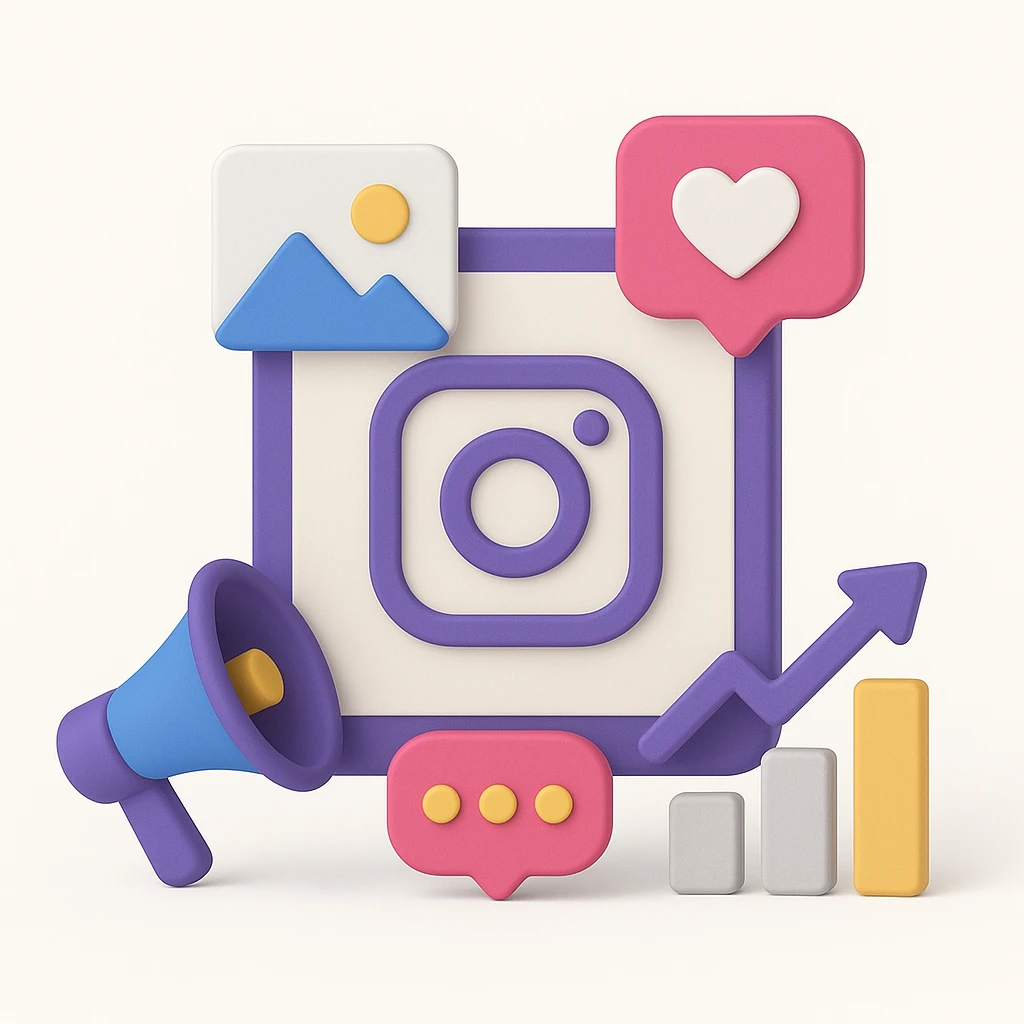 Instagram Advertising - Everzocial 3D icons representing Instagram, including a heart, photo, chat, megaphone, bar chart, and upward arrow, symbolize social media engagement and analytics.