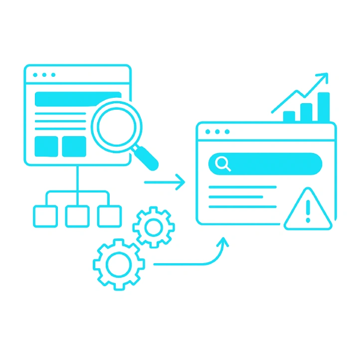 Blue line illustration of website analysis with magnifying glass, gears, arrows, and charts, representing data processing, search, and website performance monitoring.