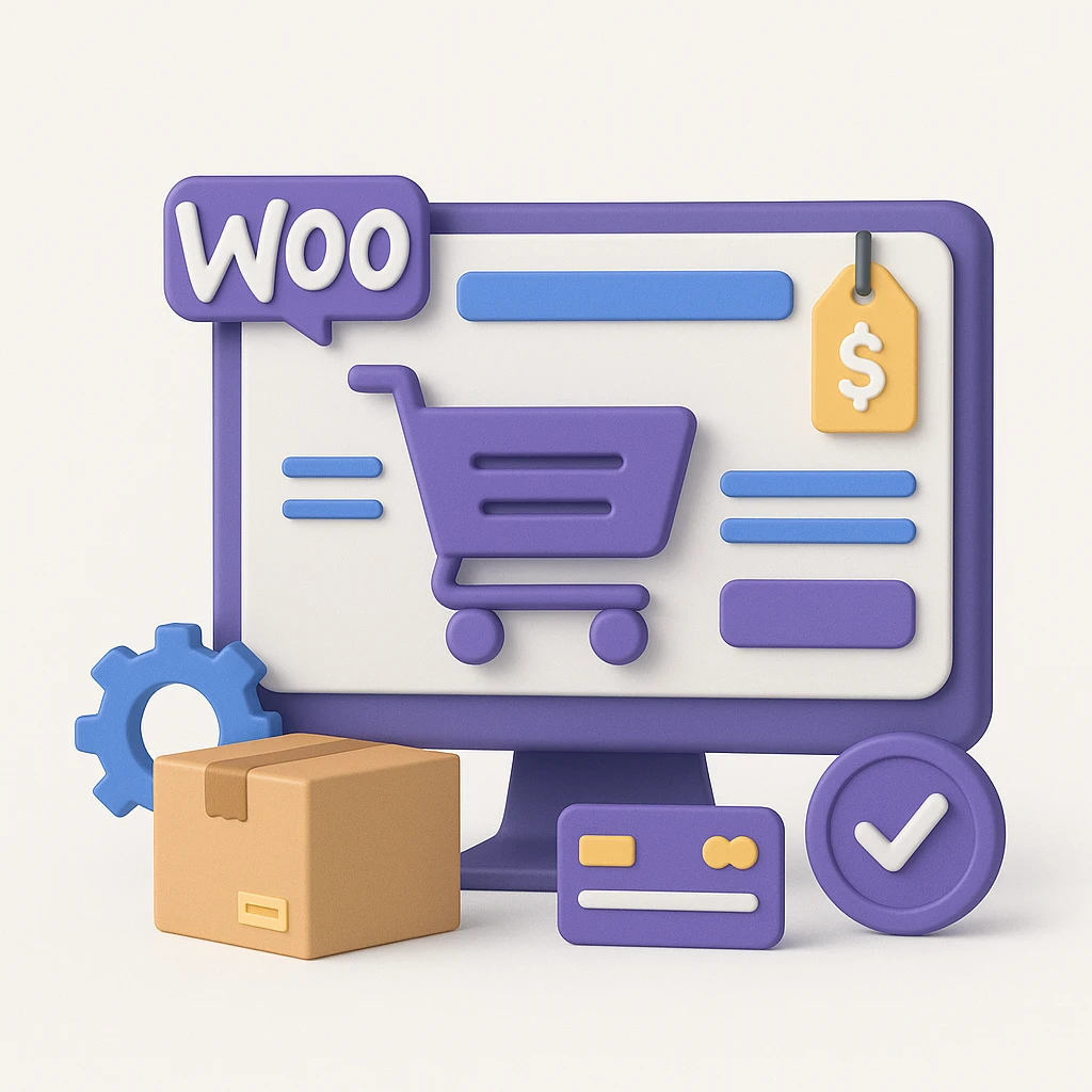Woocommerce Services - Everzocial 3D illustration of a computer monitor displaying a shopping cart with WooCommerce branding, a price tag, gear, package, credit card, and check mark icons.