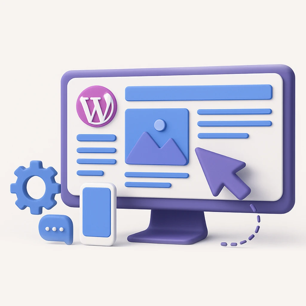 3D illustration of a computer monitor displaying a WordPress website interface, with surrounding icons including a gear, chat bubble, smartphone, and large cursor arrow.