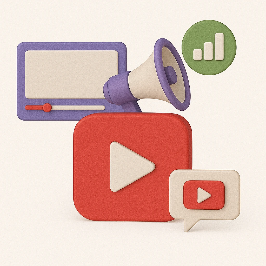 Youtube Advertising - Everzocial 3D icons of a video player, megaphone, play button, chat bubble with play symbol, and a green analytics icon, representing digital media and video marketing.