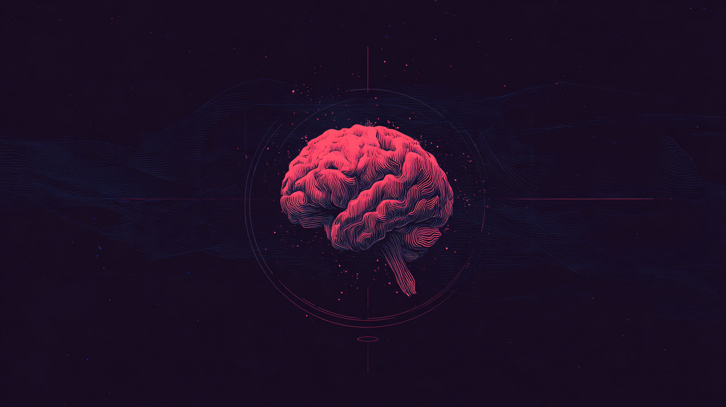 A digital illustration of a human brain in bright pink tones, centered against a dark, abstract background with subtle circular and linear patterns.