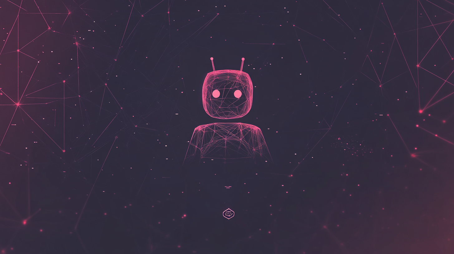 A pink, wireframe robot with antennae is centered on a dark, starry, digital background featuring geometric lines and nodes.