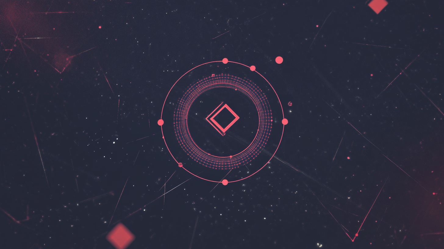 A digital illustration features a red geometric circle with dots and lines around a central diamond shape on a dark, speckled background.