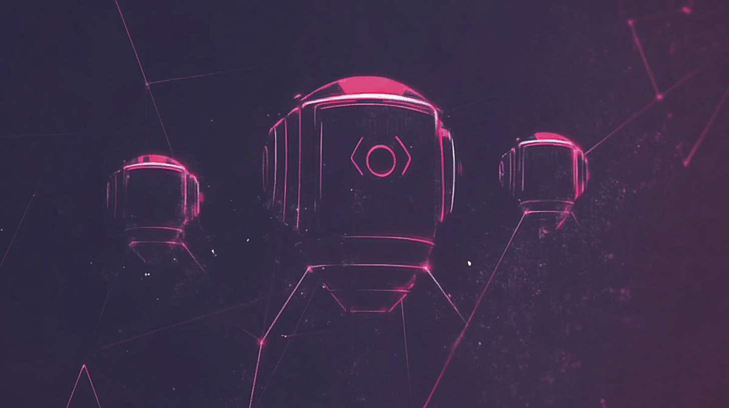 Three stylized, futuristic robots with glowing pink outlines are set against a dark, abstract background with geometric shapes and subtle textures.
