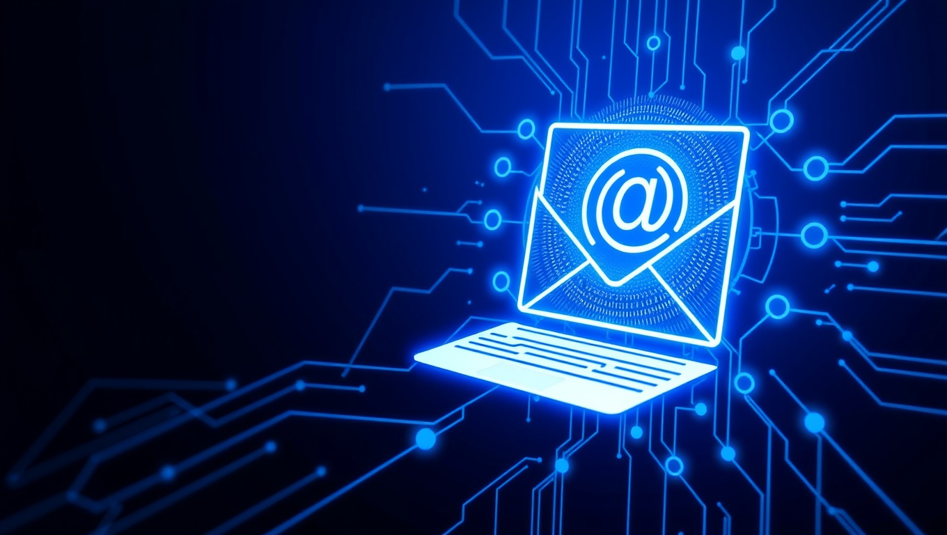 A glowing blue digital illustration of an envelope with an "@" symbol above a laptop, surrounded by circuitry lines on a dark background—perfect for showcasing effective cold emails in sales and marketing.
