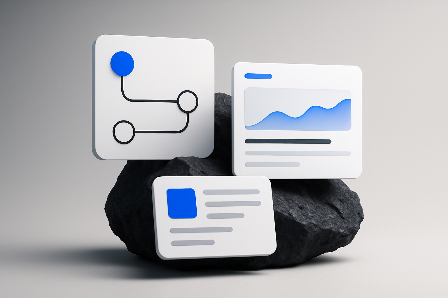 "Modern workflow software interface elements floating above textured dark stone surface showcasing content management dashboard with blue and white design elements