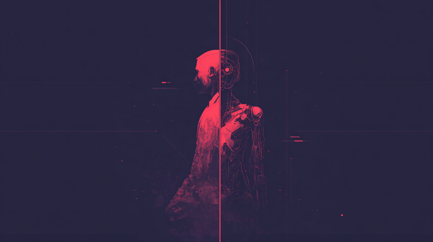 A digital artwork of a humanoid figure, half-human and half-robot, standing in profile view, divided by a vertical line, with red and dark blue color tones.