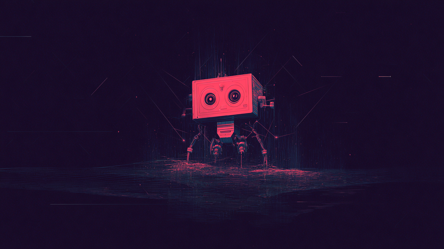 A small, box-shaped robot with camera-like eyes stands on four legs in a dark, digital landscape with pink and purple lighting.