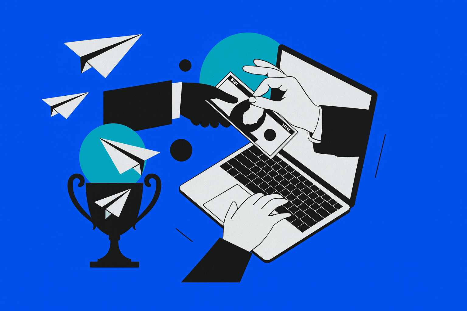 A modern illustration featuring various objects related to work and technology, including a laptop, a smartphone, a tablet, a glass of wine, and other electronic devices, arranged on a blue background.